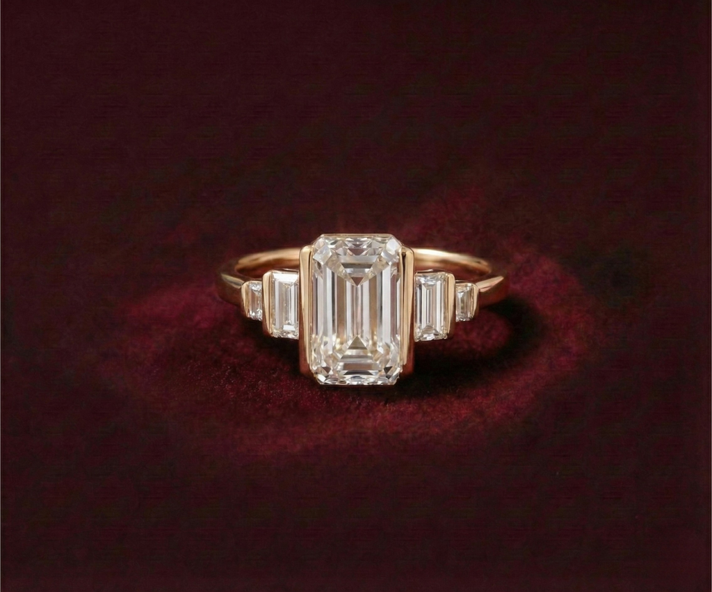 2.08ct Emerald Bar Set 5 Stone Ring with Baguette Accents