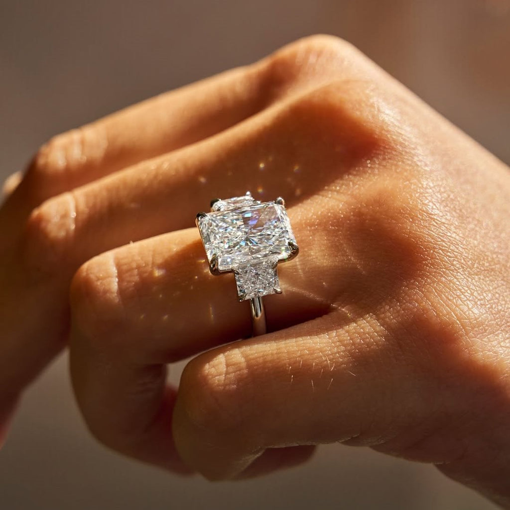 Elegant Radiant 3 Stone Engagement Ring | Lab Grown Diamond | 14K Yellow Gold Classic Style