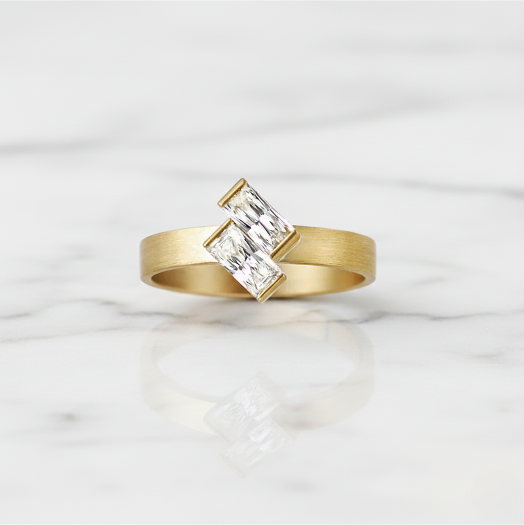 Baguillion Cut Ring Matte Finish Semi Bezel | Lab Grown Diamond | 14K Yellow Gold