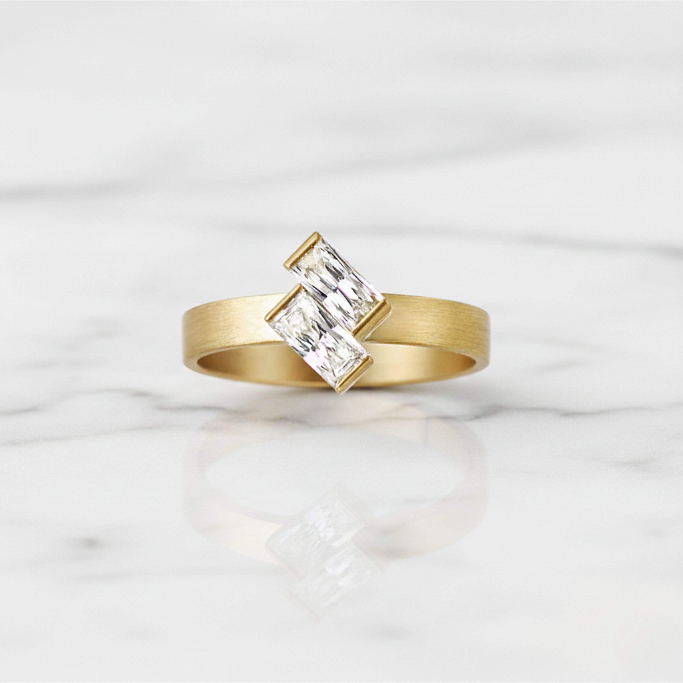 Baguillion Cut Ring Matte Finish Semi Bezel | Lab Grown Diamond | 14K Yellow Gold