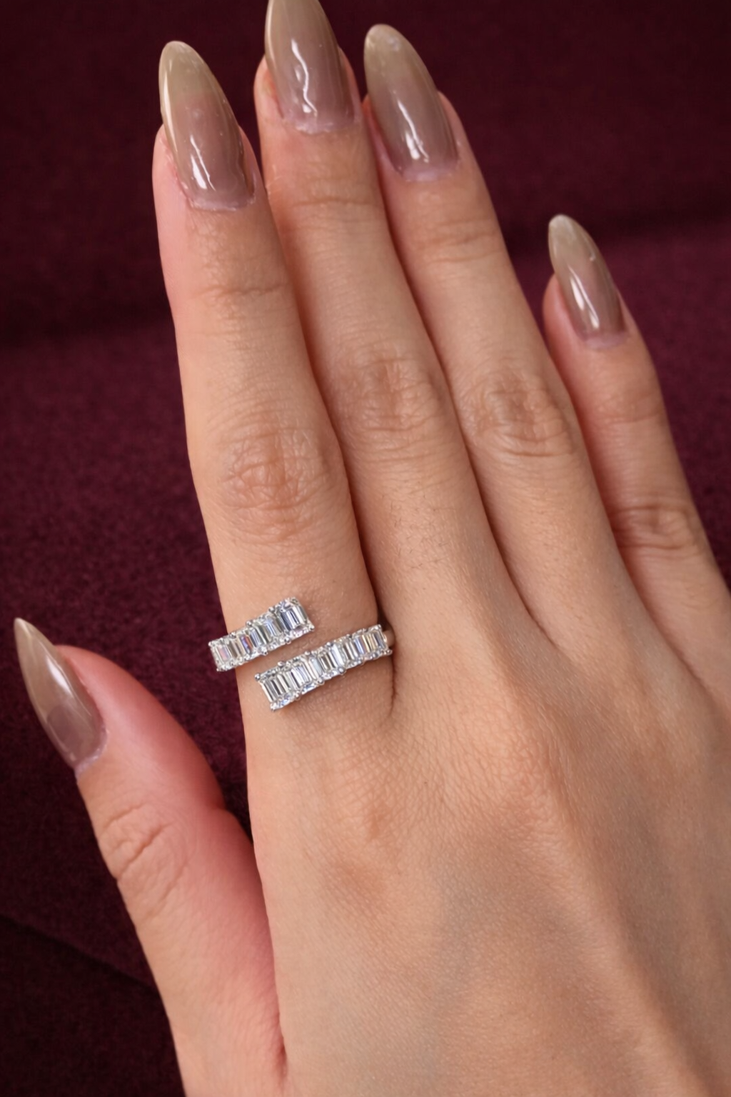 Graduated Emerald Diamond Bypass Ring, Emerald Cut Diamond Twist Ring, Modern Bypass Diamond Engagement Ring, Unique Diamond Statement Ring