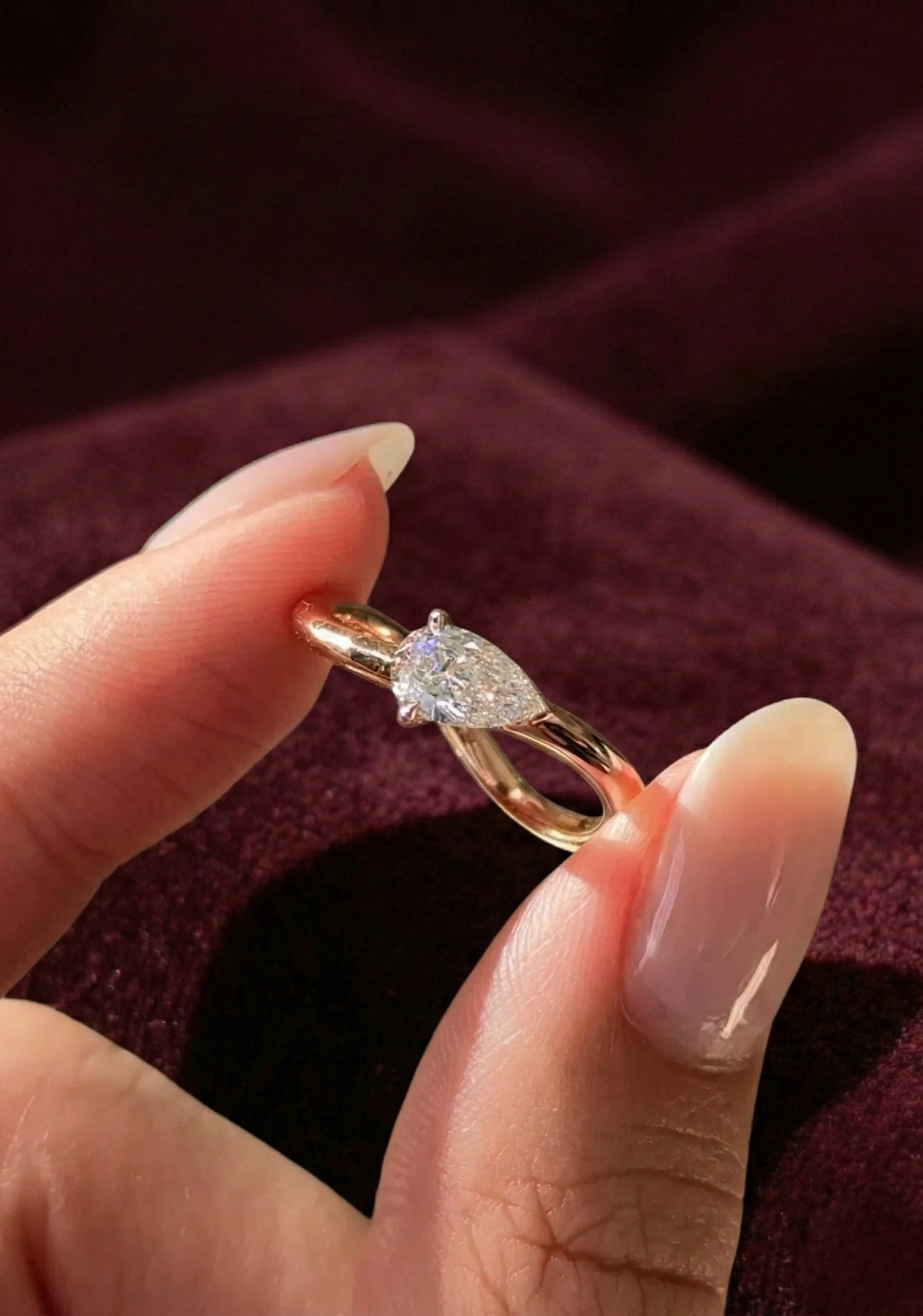 Pear Lab Grown Diamond Engagement Ring, Minimalist Pear Solitaire Ring, 14K Yellow Gold Open Diamond Ring, Unique Promise Ring