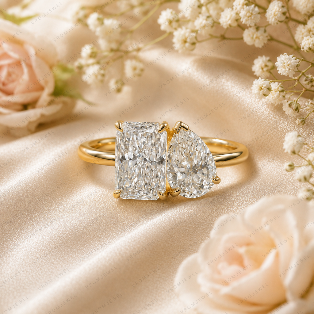 Toi et Moi Radiant and Pear Lab Grown Diamond Engagement Ring in Solid 14K Gold