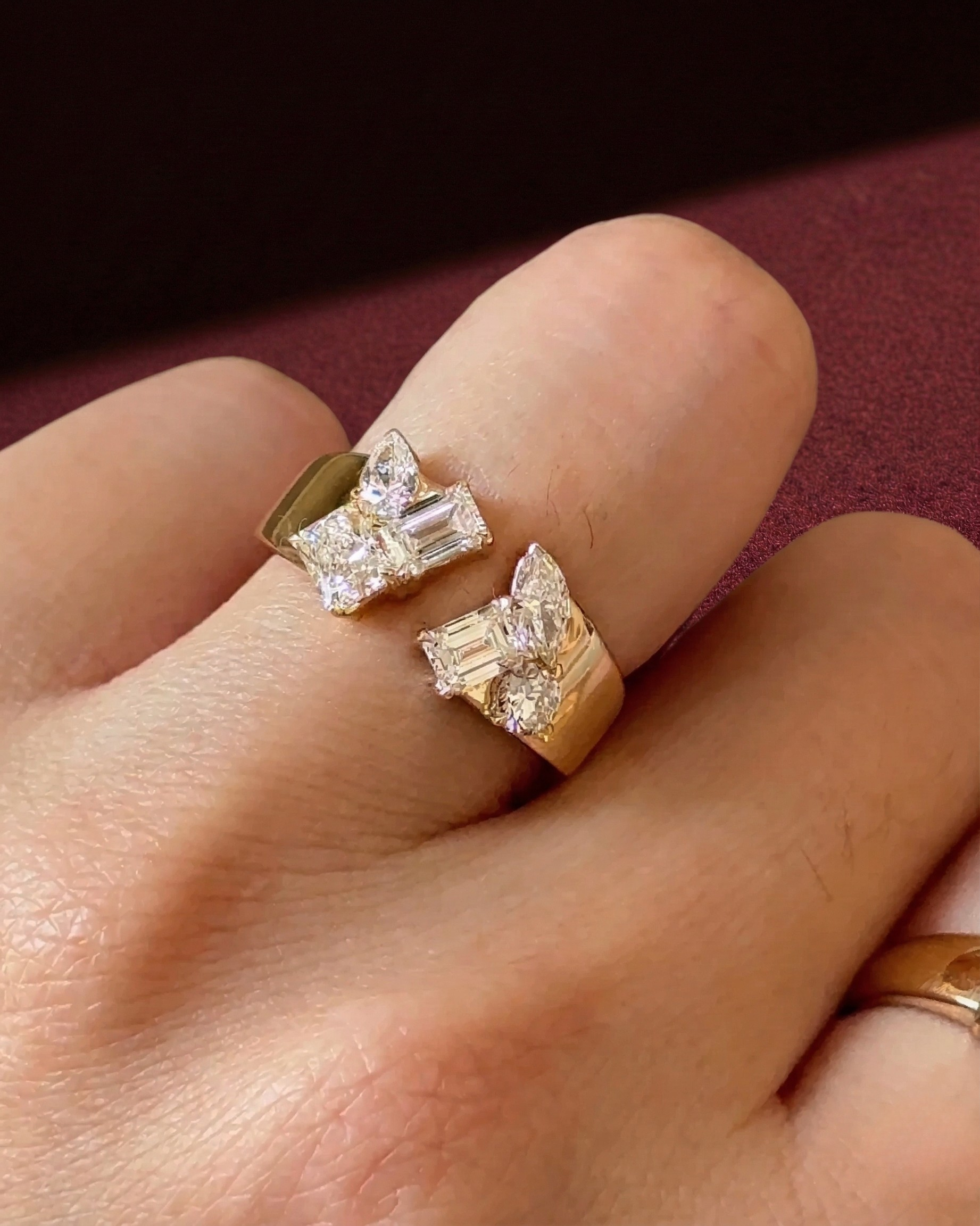 Mixed Shape Diamond Open Band Ring, Radiant Emerald Pear Marquise Diamond Ring, Multi Shape Diamond Statement Ring, Unique Diamond Open Ring