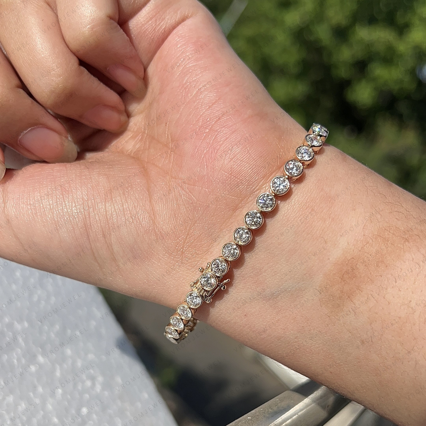 Bezel Set Round Lab Grown Diamond Tennis Bracelet in Solid 14K Gold