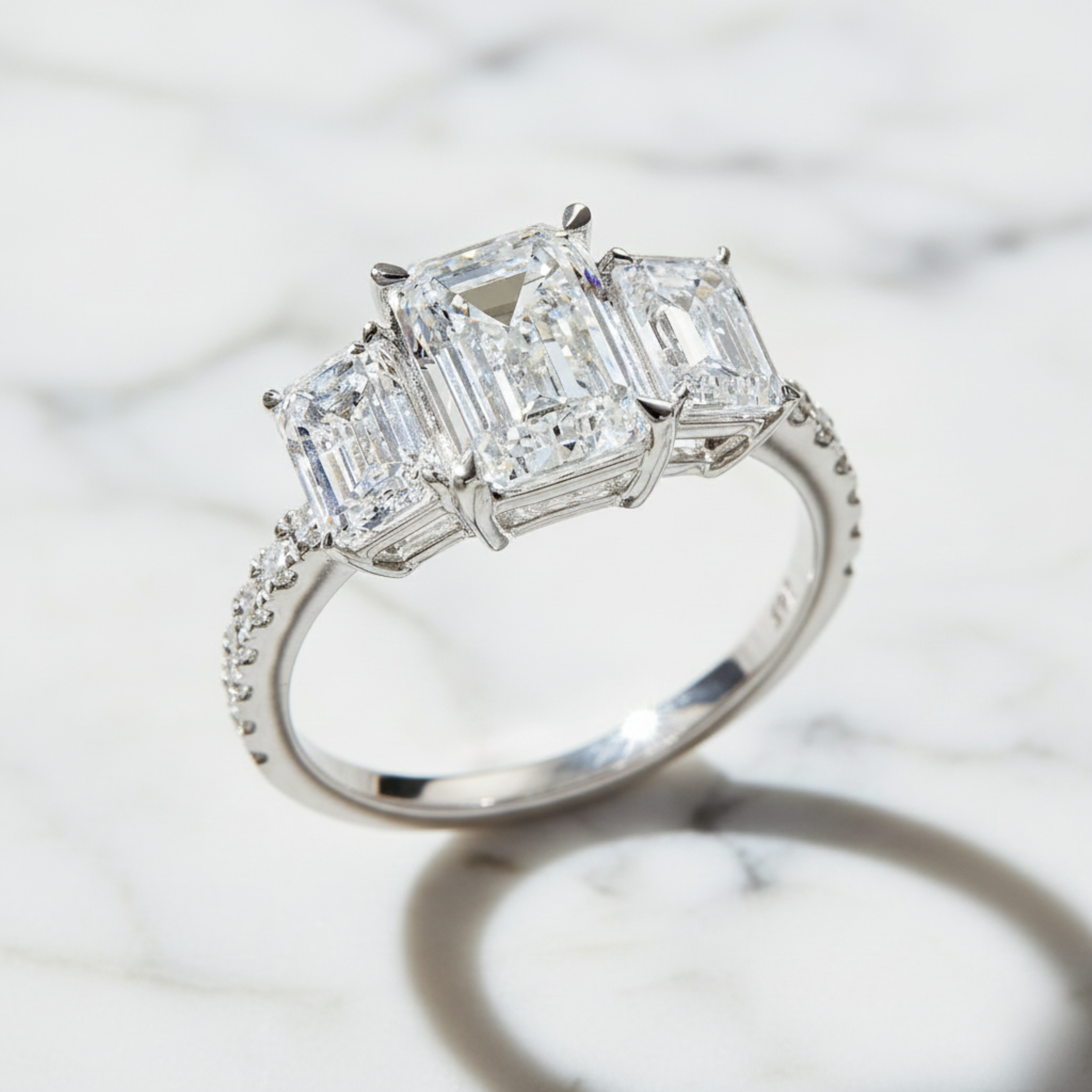 Emerald Cut 3 Stone Engagement Ring | Lab Grown Diamond | 14K Yellow Gold Classic Design