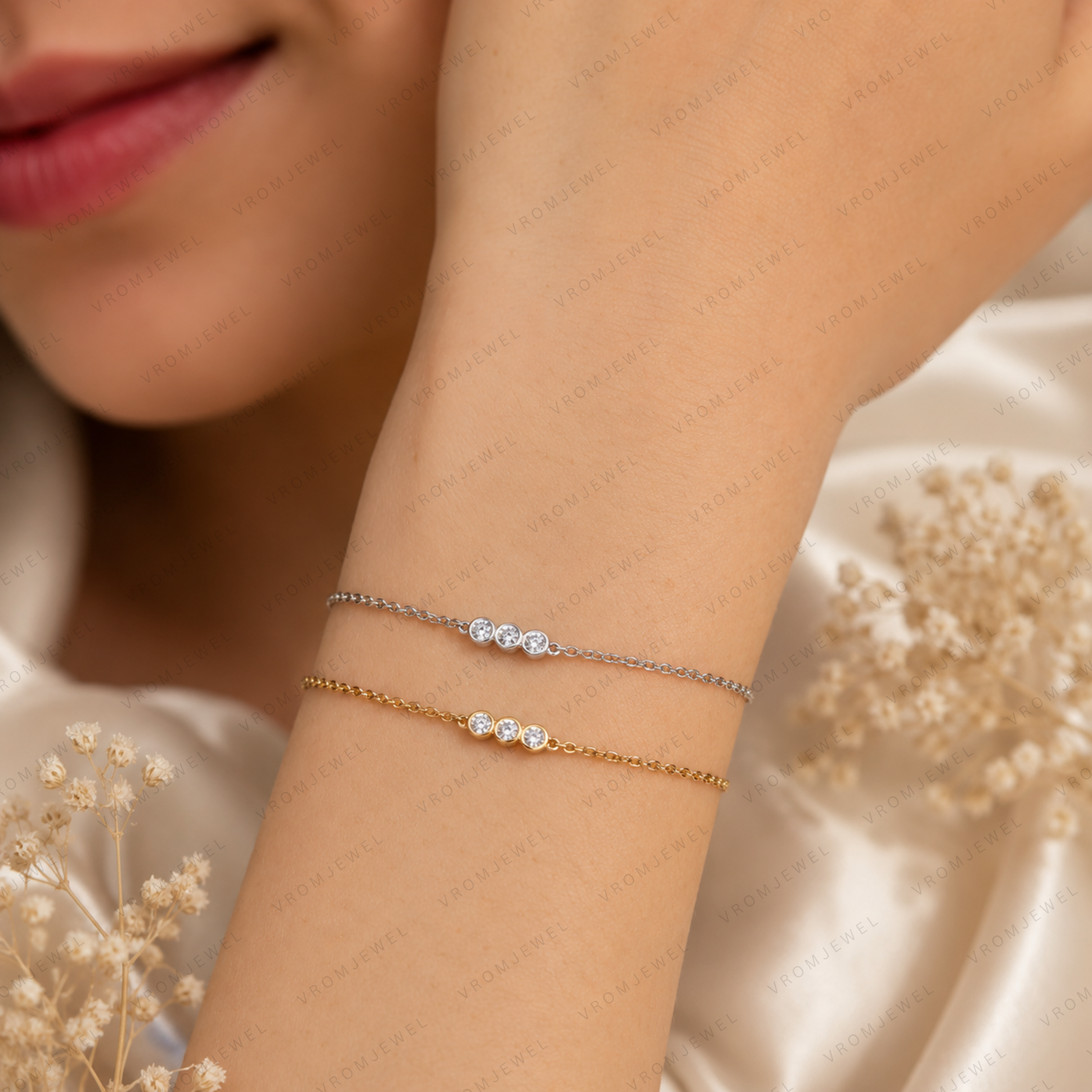 Dainty Trio Round Lab Grown Diamond Bracelet in Solid 14K Gold