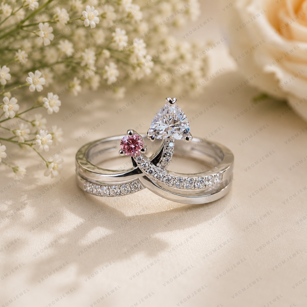 Heart and Pink Round Lab Grown Diamond Toi et Moi Ring, Two Stone Engagement Ring, Unique Bridal Ring, 10K 14K 18K Gold
