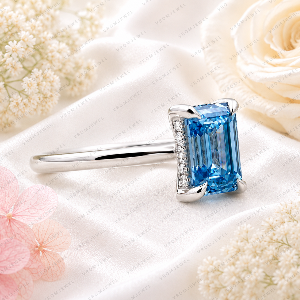 Blue Emerald Cut Lab Grown Diamond Ring, 1.50 Carat Blue Diamond Engagement Ring, Emerald Cut Solitaire Ring, Diamond Accent Setting