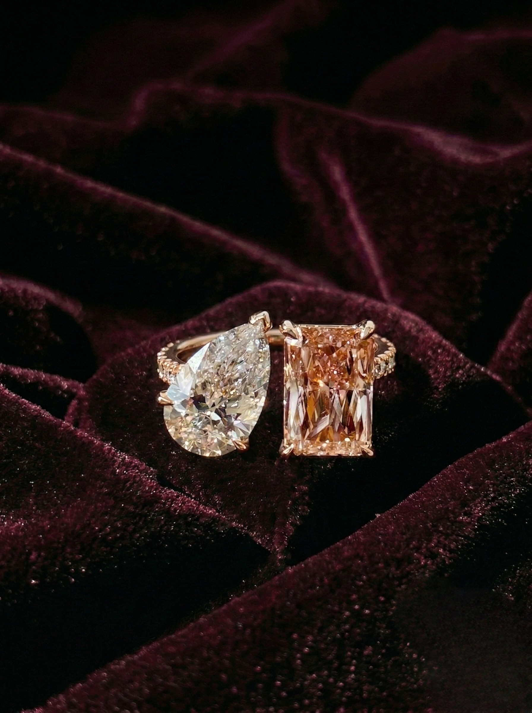 Pear and Radiant Pink Lab Grown Diamond Toi et Moi Ring, Two Stone Engagement Ring, 14K Yellow Gold Statement Diamond Ring, IGI Certified