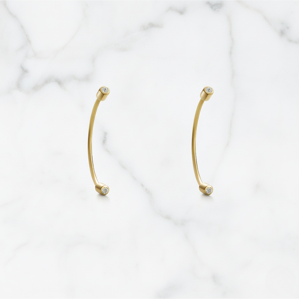 Minimal Curved Bar Dot Earrings | Lab Grown Diamond | 14K Yellow Gold Sleek Line Design