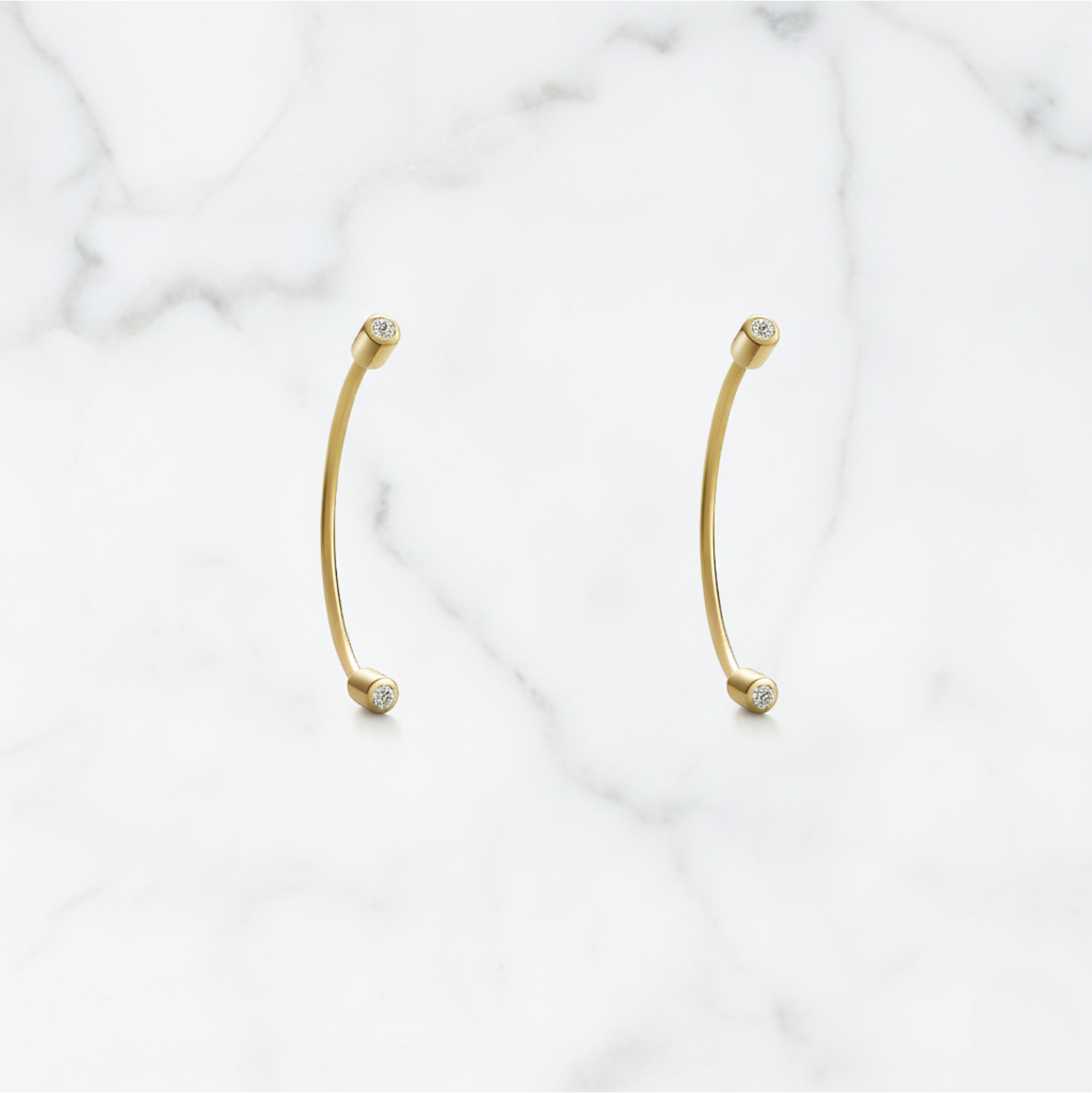 Minimal Curved Bar Dot Earrings | Lab Grown Diamond | 14K Yellow Gold Sleek Line Design