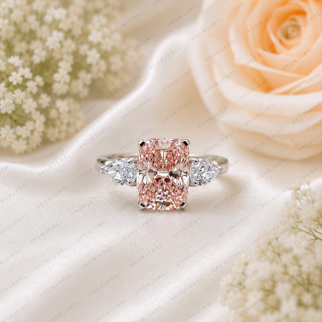Pink Cushion Cut Lab Grown Diamond Engagement Ring, Vintage Inspired Diamond Ring, Pavé Halo Ring, 10K 14K 18K Gold