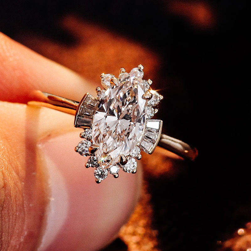 Art Deco Marquise Cut Ring with Tapered Baguette and Round Halo | Lab Grown Diamond | 14K Yellow Gold
