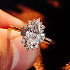 Art Deco Marquise Cut Ring with Tapered Baguette and Round Halo | Lab Grown Diamond | 14K Yellow Gold