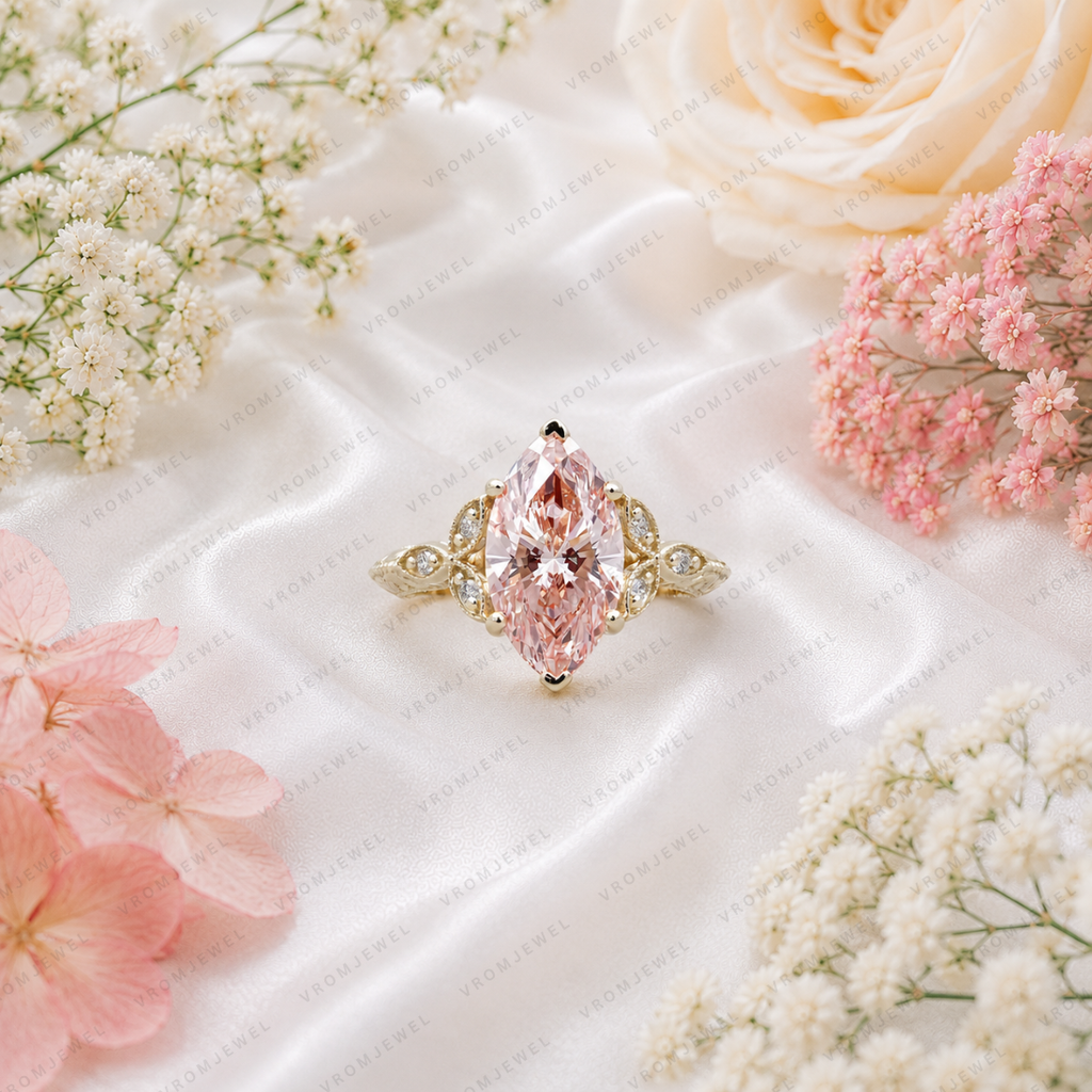 Pink Marquise Lab Grown Diamond Engagement Ring, Vintage Floral Halo Ring, Pavé Diamond Ring, 10K 14K 18K Gold