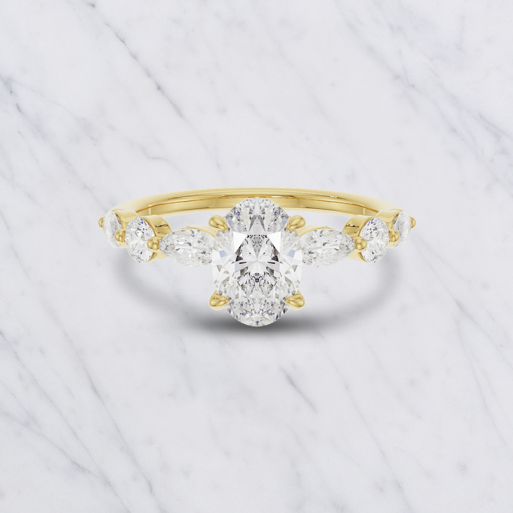 Oval Lab Grown Diamond Engagement Ring with Marquise & Round Halo in Solid 14K Gold