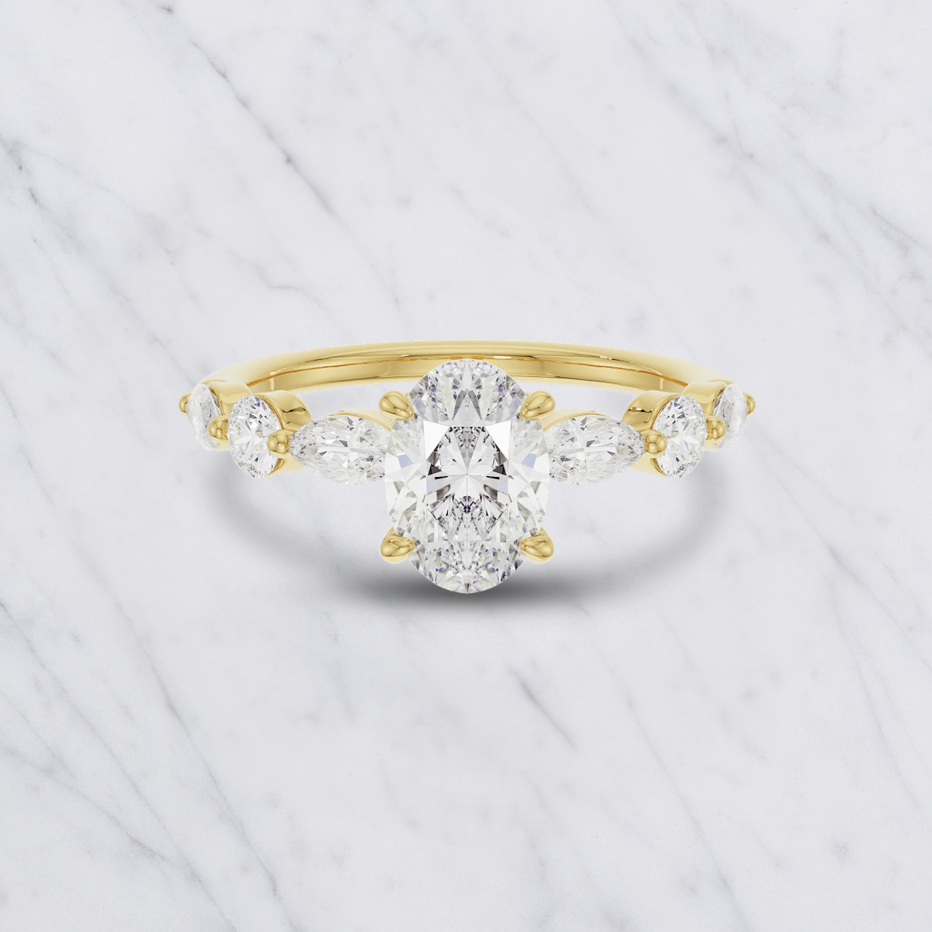 Oval Lab Grown Diamond Engagement Ring with Marquise & Round Halo in Solid 14K Gold