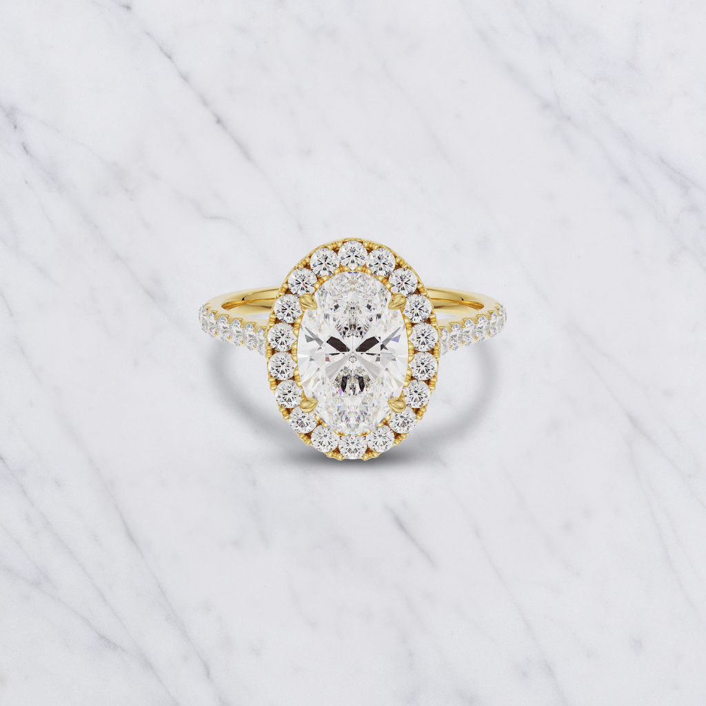Oval Shape Lab Grown Diamond Halo Engagement Ring with Side Stones in Solid 14K Gold