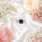 Blue Cushion Cut Lab Grown Diamond Ring, 3 Carat Blue Diamond Engagement Ring, Round Diamond Accents, Unique Statement Ring, 10K 14K 18KGold