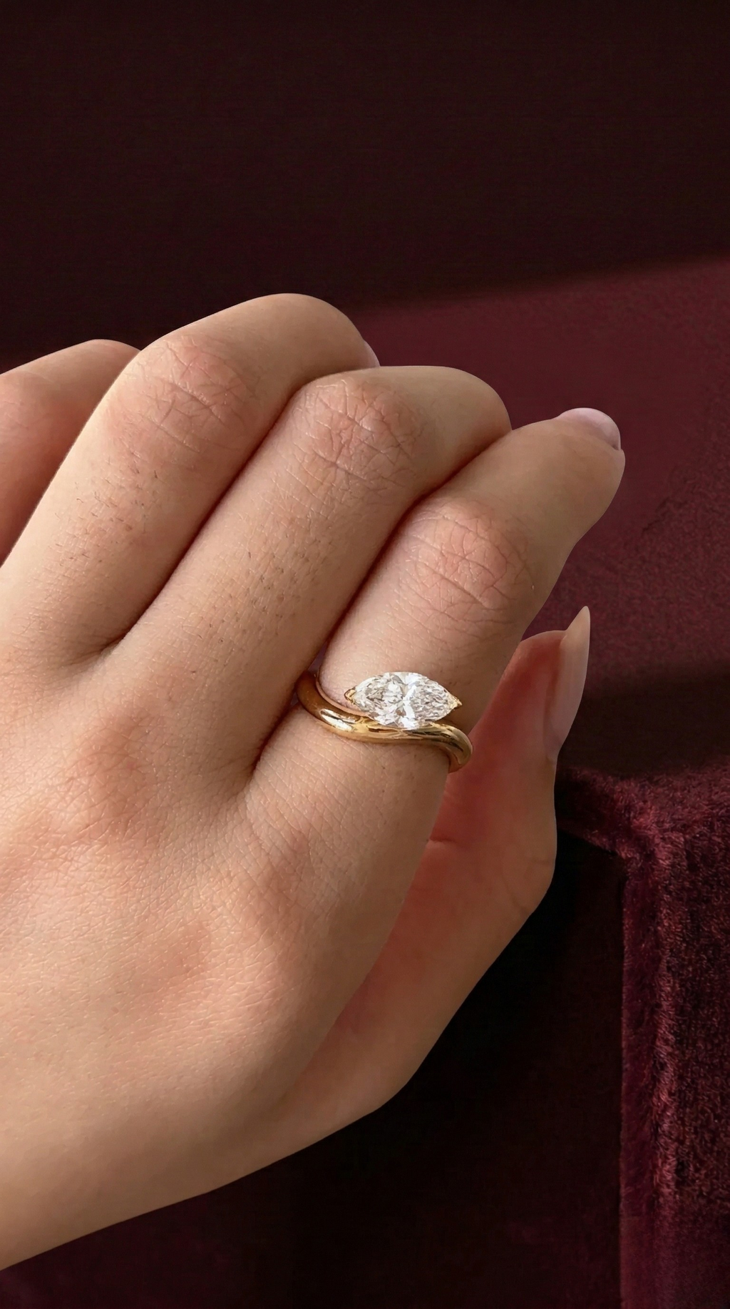 Marquise Lab Grown Diamond Ring, Minimalist Marquise Solitaire Engagement Ring, 14K Yellow Gold Open Ring, Modern Diamond Ring