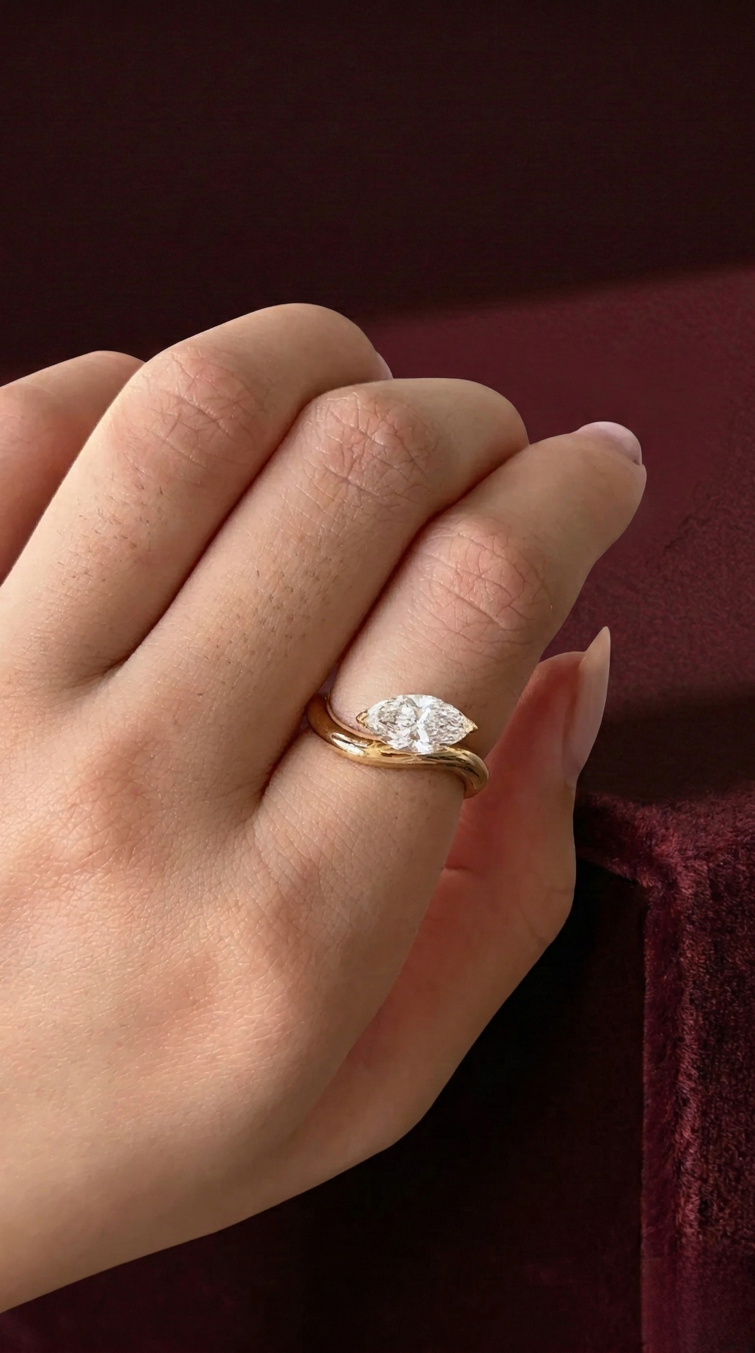 Marquise Lab Grown Diamond Ring, Minimalist Marquise Solitaire Engagement Ring, 14K Yellow Gold Open Ring, Modern Diamond Ring