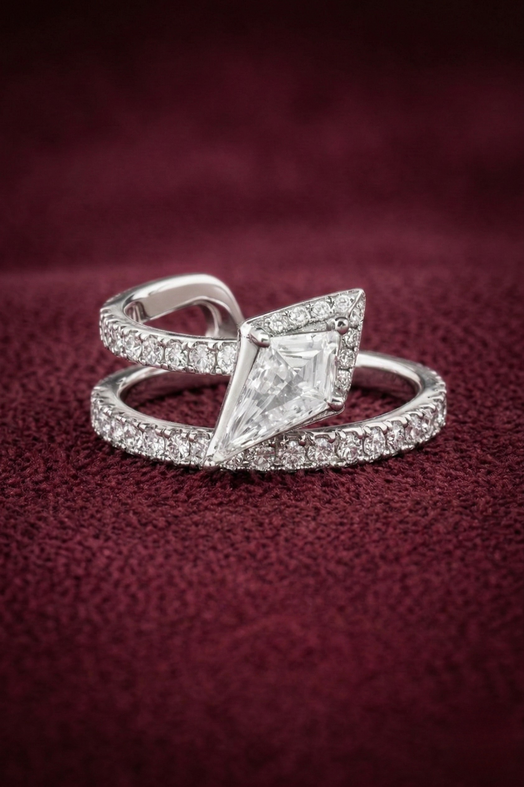 Kite Shape Lab Grown Diamond Engagement Ring, Kite Diamond Halo Ring, Geometric Diamond Bypass Ring, Unique Modern Proposal Ring, Gift Her