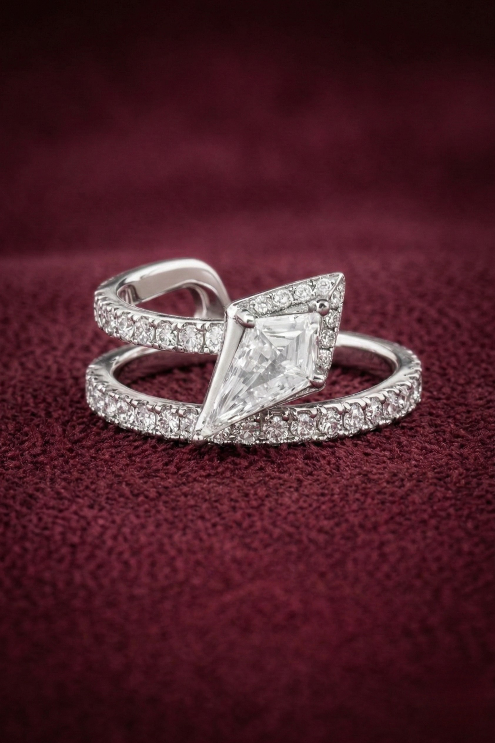 Kite Shape Lab Grown Diamond Engagement Ring, Kite Diamond Halo Ring, Geometric Diamond Bypass Ring, Unique Modern Proposal Ring, Gift Her