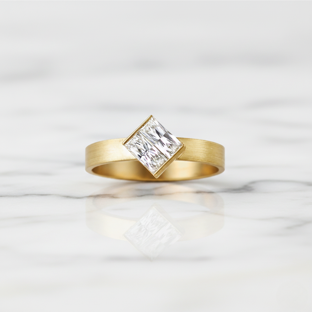 Baguillion Cut Diamond Ring Modern Matte Semi Bezel | Lab Grown Diamond | 14K Yellow Gold