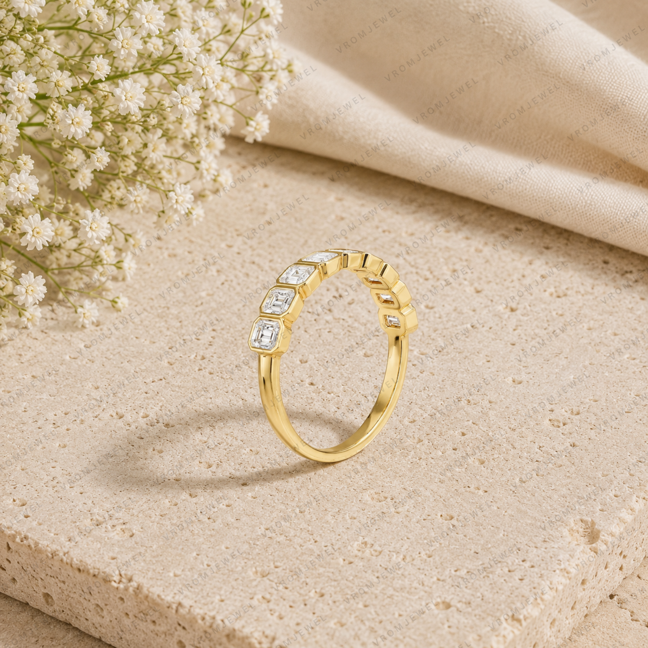 Emerald Cut Lab Grown Diamond Bezel Set Bridal Ring in Solid 14K Gold