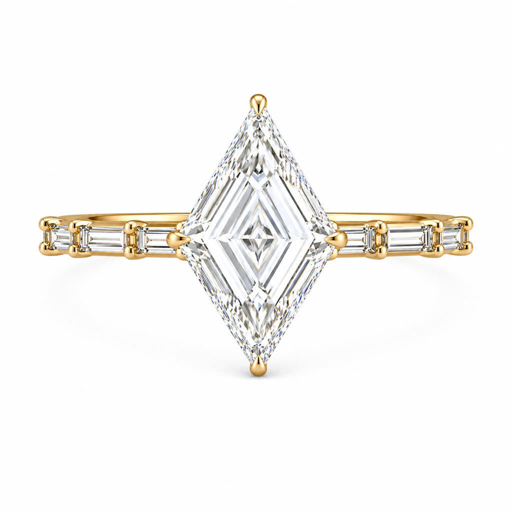 Lozenge Shape Lab Grown Diamond Ring | 2 CT | Baguette Pave Band | Geometric Modern Engagement Ring | 14K Gold