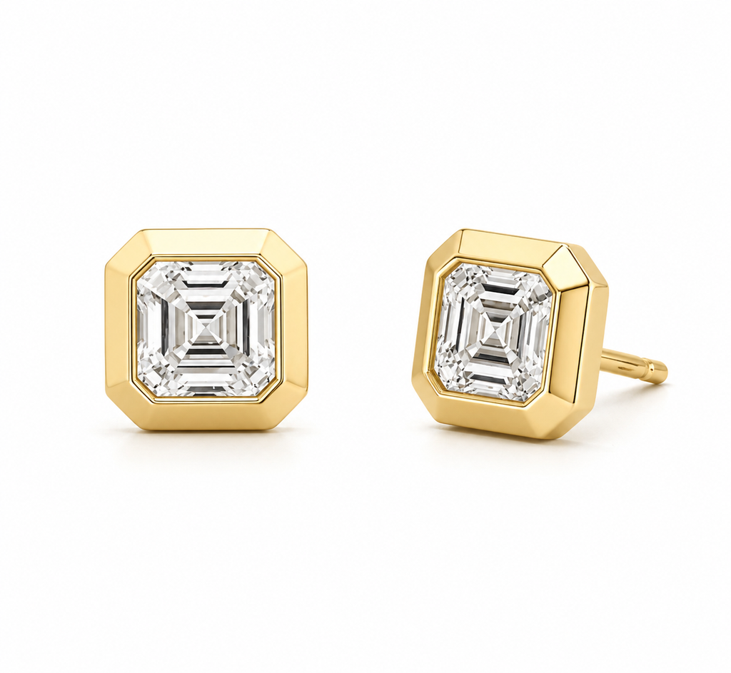 Asscher Cut Lab Grown Diamond Stud Earrings | 2 CTW | Bezel Set | Modern Geometric Studs | 14K Gold