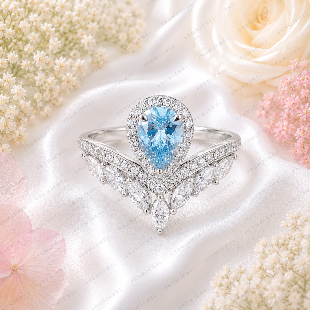 Blue Pear Shape Lab Grown Diamond Ring, 0.80 Ct Blue Diamond Engagement Ring, Marquise & Round Diamond Accents, Halo Ring, Unique BridalRing