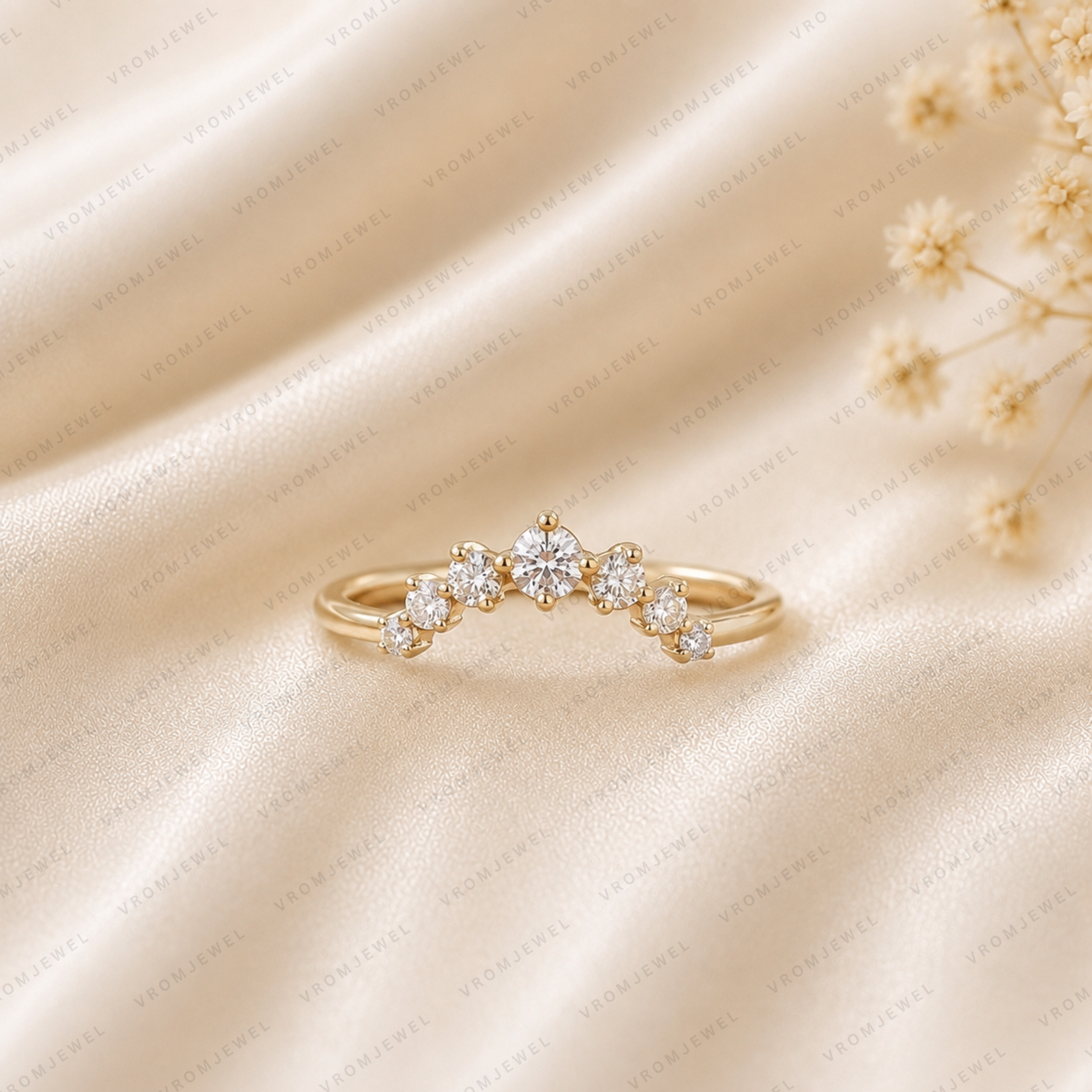 Curved Wedding Band | Lab Grown Diamond | 14K Yellow Gold | Stacking Anniversary Ring