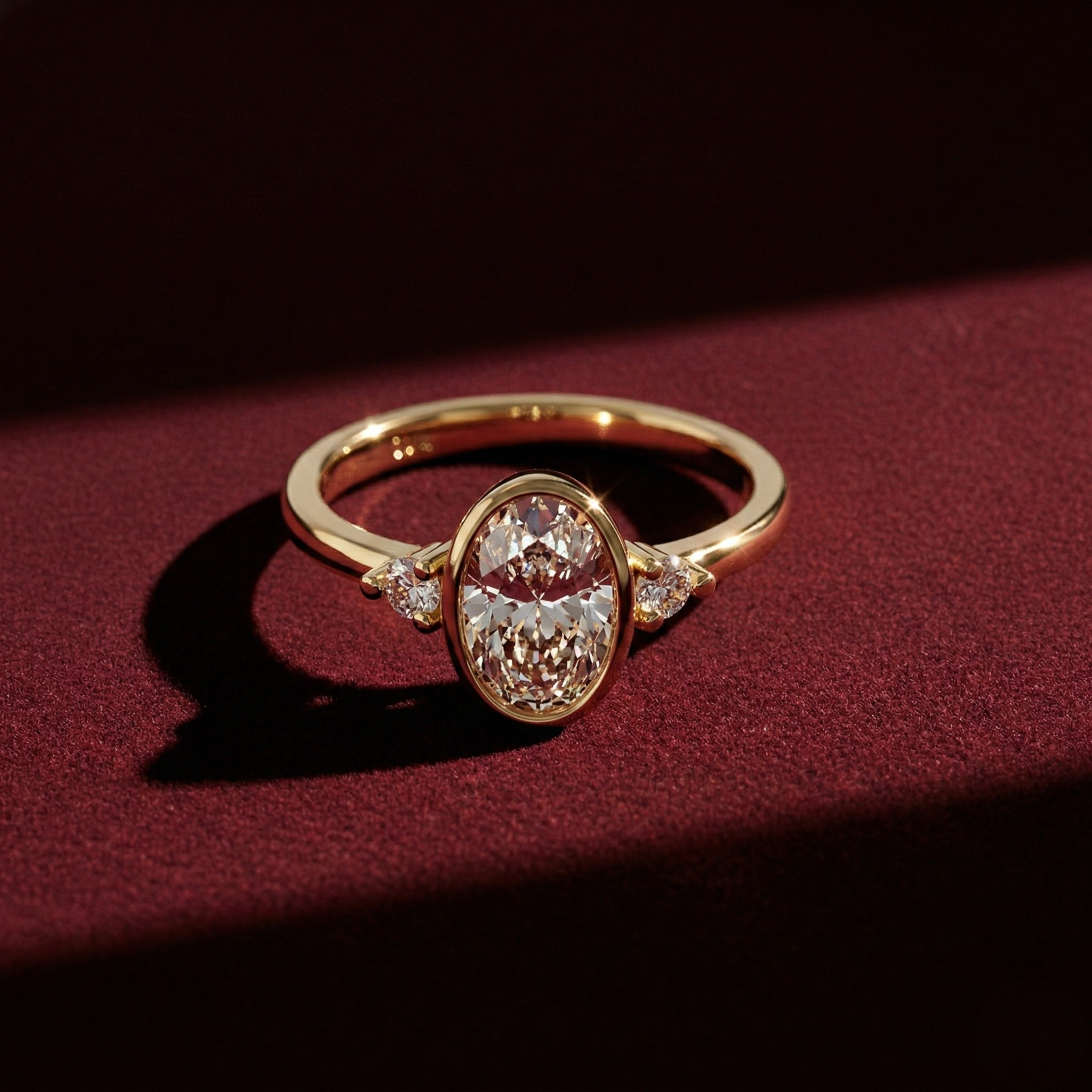 Oval Lab Grown Diamond Engagement Ring, Bezel Set Oval Ring with Round Side Stones, 14K Yellow Gold, IGI Certified Diamond Ring