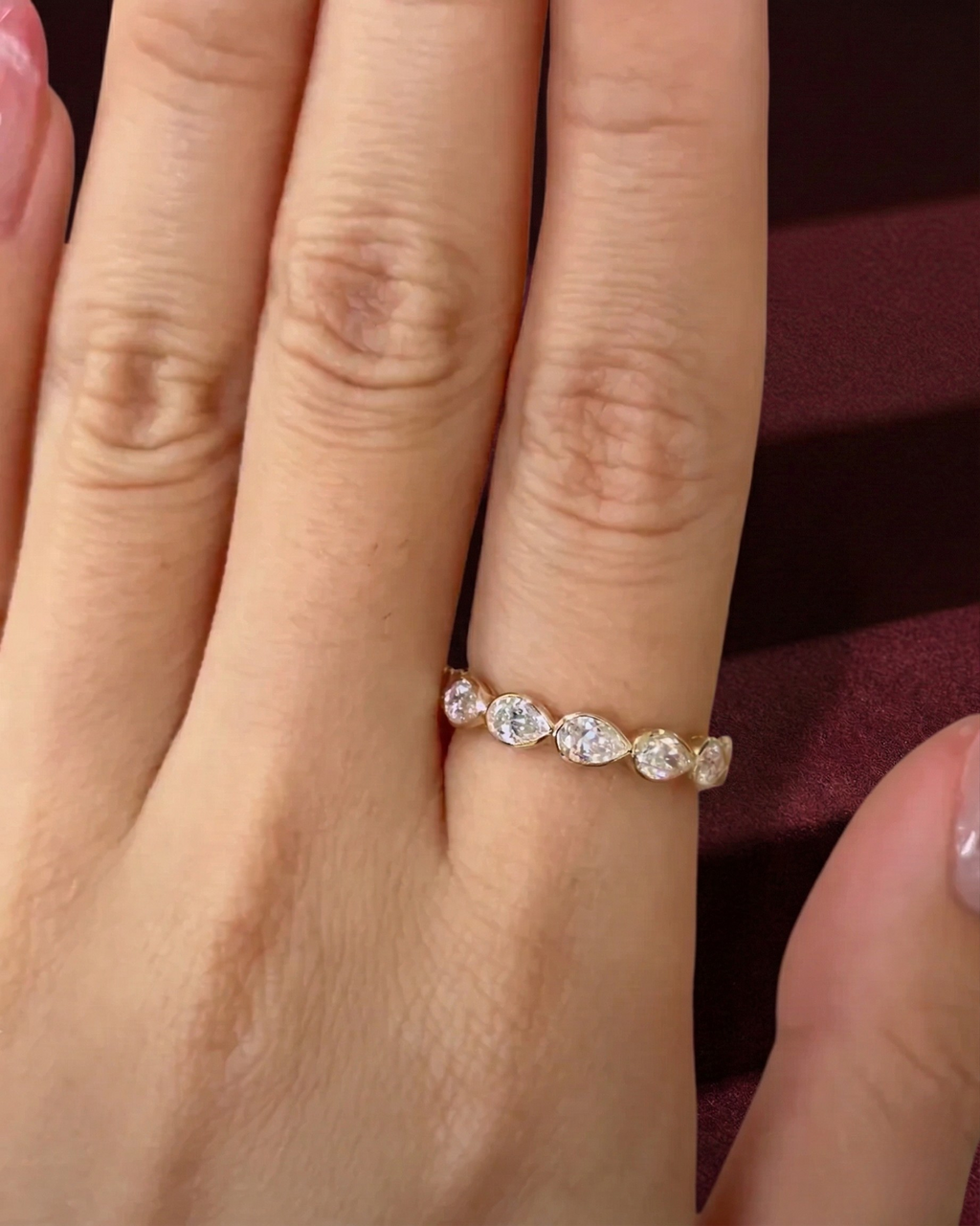 Pear Diamond Half Eternity Band, Bezel Set Pear Diamond Wedding Band, Pear Shape Diamond Anniversary Ring, Stackable Pear Diamond Ring.