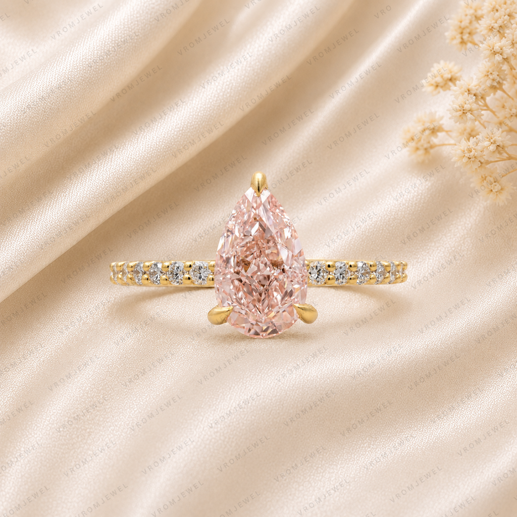 Pink Pear Shape Lab Grown Diamond Engagement Ring, Pink Diamond Solitaire Ring, Minimalist Diamond Ring, 10K 14K 18K Gold