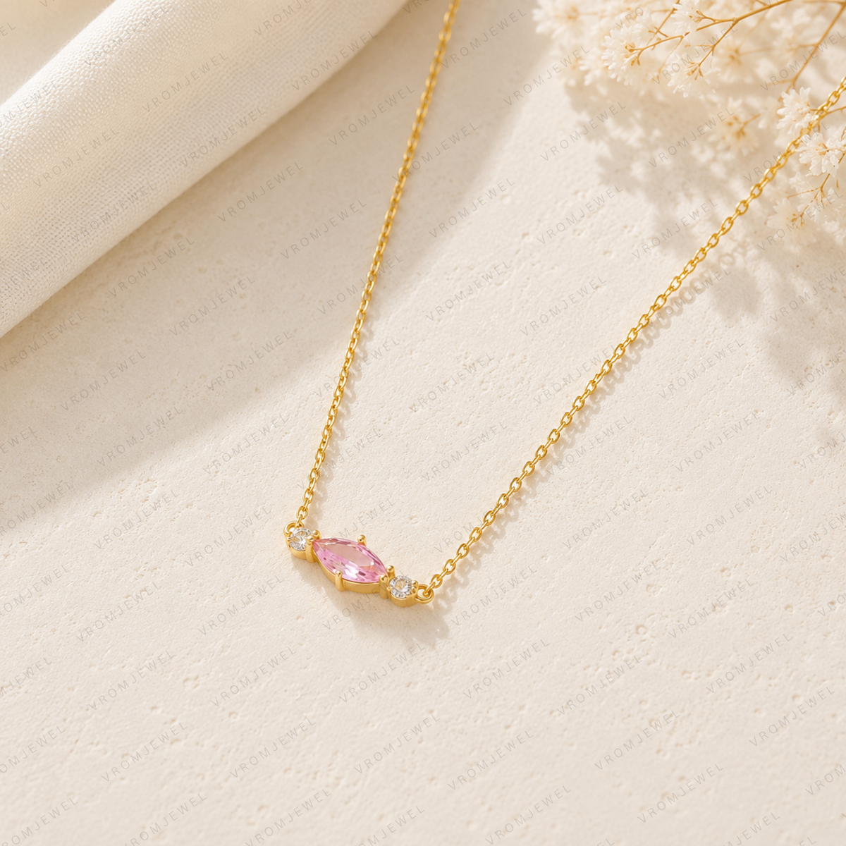 Pink Marquise Lab Grown Diamond Necklace, Marquise Diamond Pendant, Pink Diamond Necklace, Solid Gold Necklace, Minimalist Diamond Necklace
