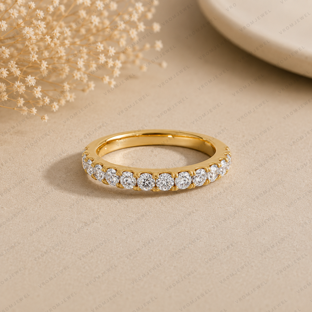 Round Lab Grown Diamond Half Eternity Wedding Band in Solid 14K Gold