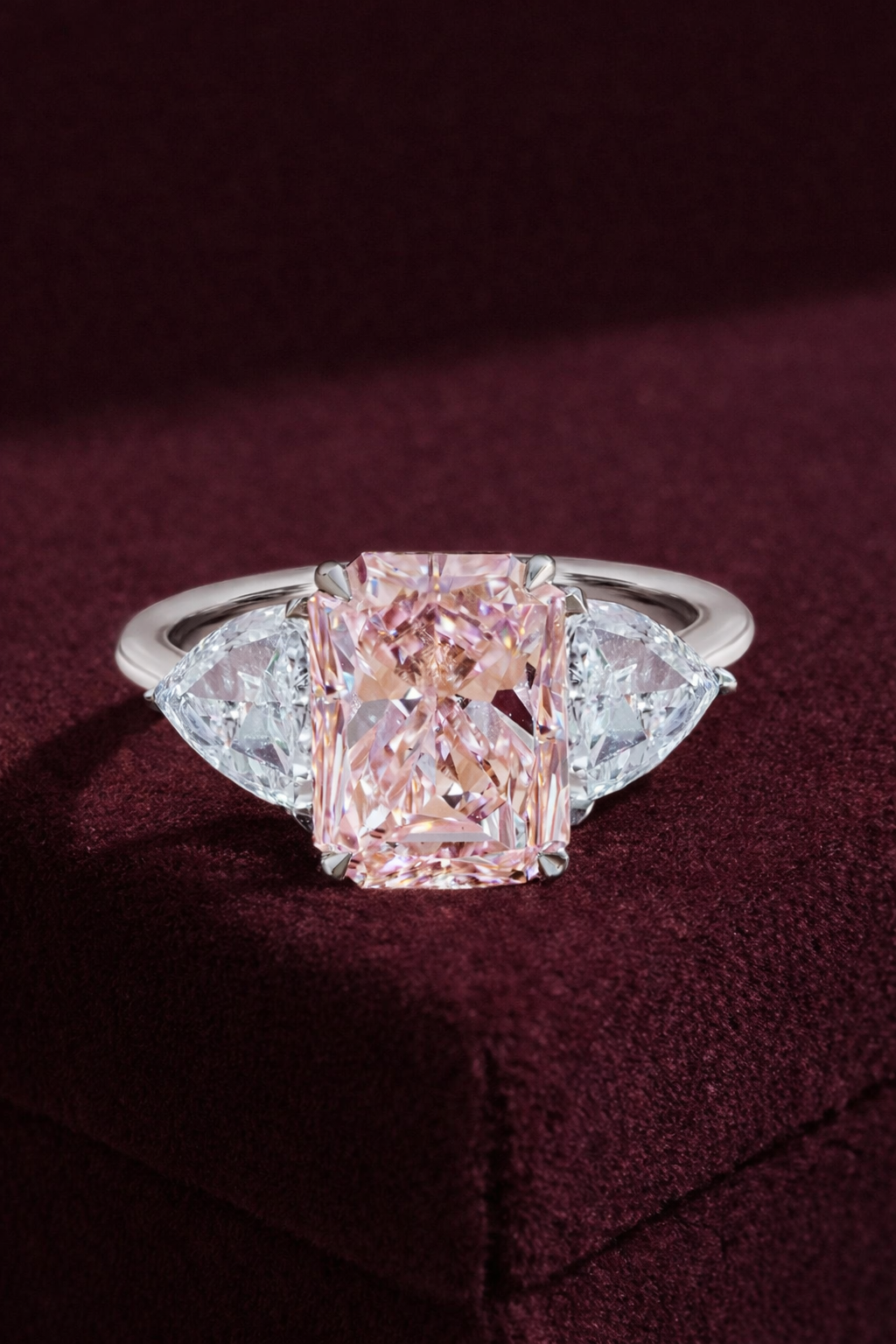 Pink Radiant Diamond Engagement Ring, Three Stone Diamond Ring with Trillion Side Stones, Unique Pink Diamond Ring, Luxury Engagement Ring