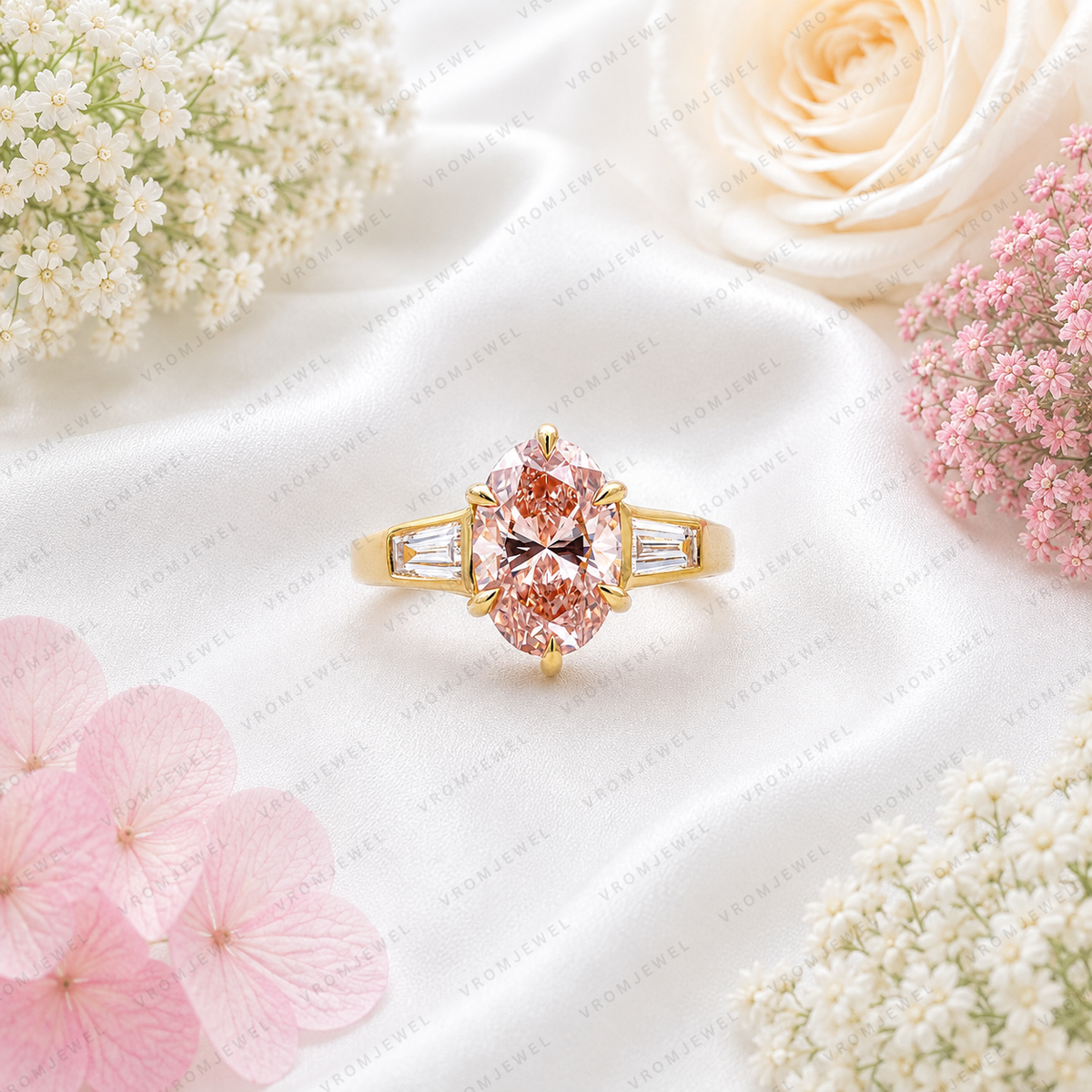 Pink Oval Lab Grown Diamond Engagement Ring, Pink Diamond Ring, Elegant Halo Setting, Diamond Accent Ring, 10K 14K 18K Gold