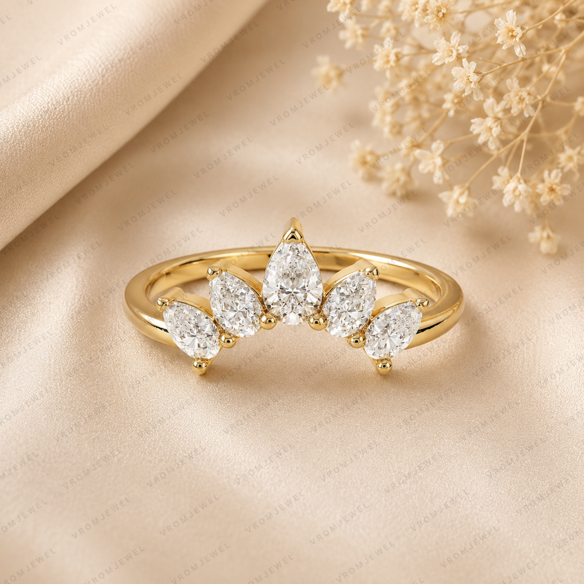 Curved Lab Grown Diamond Band with Pear Stones – Bridal Ring