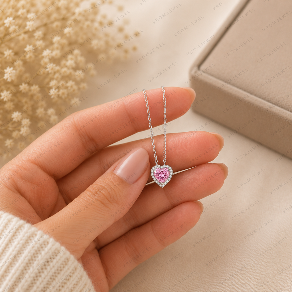 Pink Heart Lab Grown Diamond Necklace, Heart Halo Pendant Necklace, Pink Diamond Necklace, Solid Gold Heart Necklace, Romantic Gift for Her