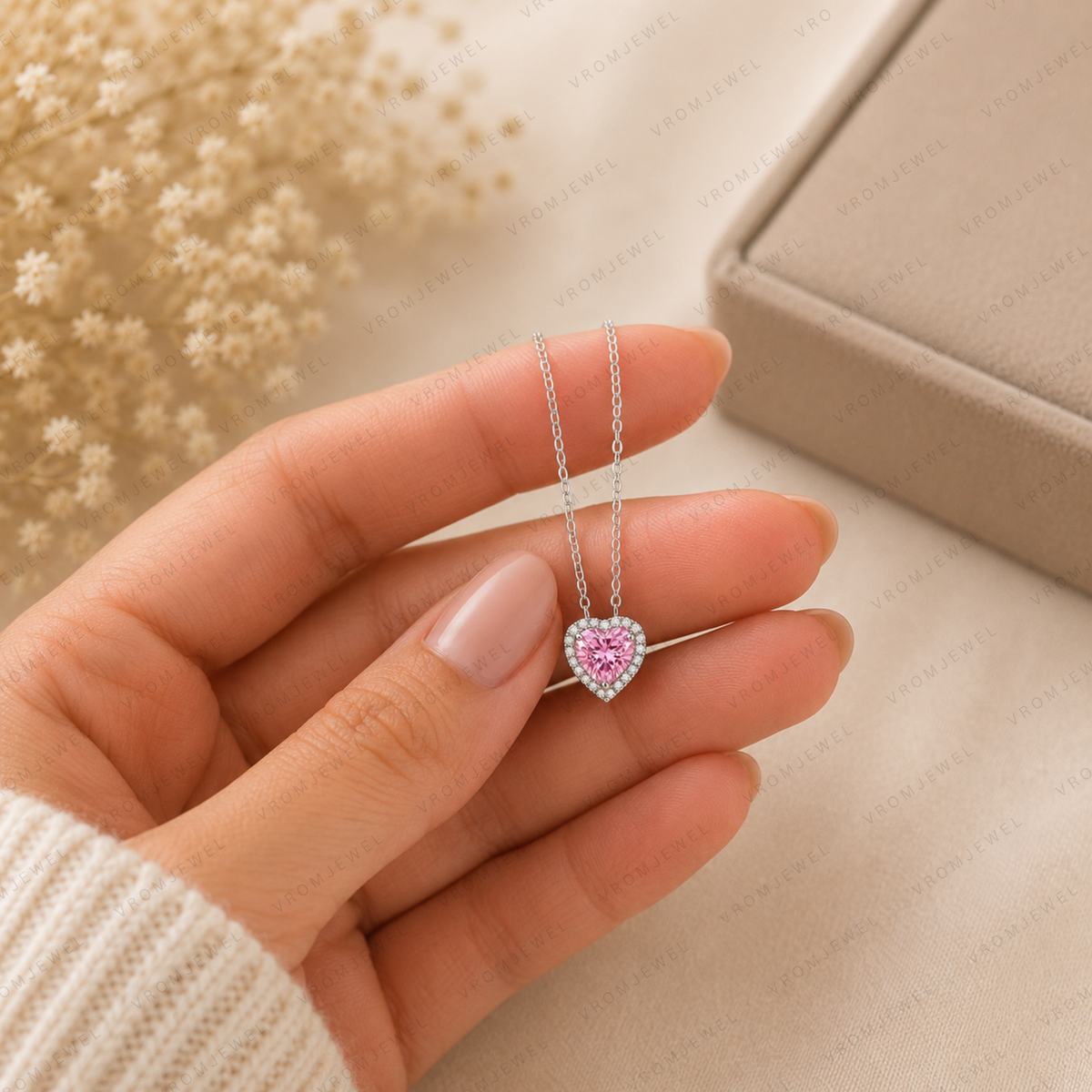 Pink Heart Lab Grown Diamond Necklace, Heart Halo Pendant Necklace, Pink Diamond Necklace, Solid Gold Heart Necklace, Romantic Gift for Her