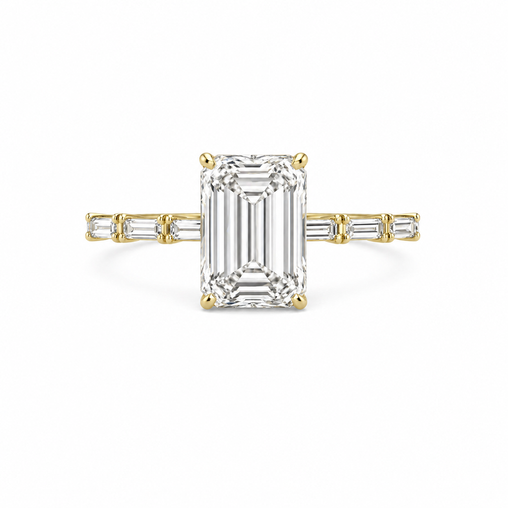 Emerald Cut Lab Grown Diamond Ring with Baguette Side Accents | 2 CT IGI Certified | 14K Gold Elegant Ring
