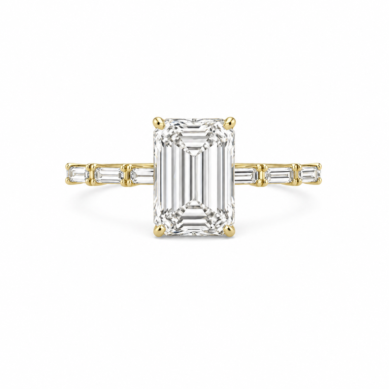 Emerald Cut Lab Grown Diamond Ring with Baguette Side Accents | 2 CT IGI Certified | 14K Gold Elegant Ring