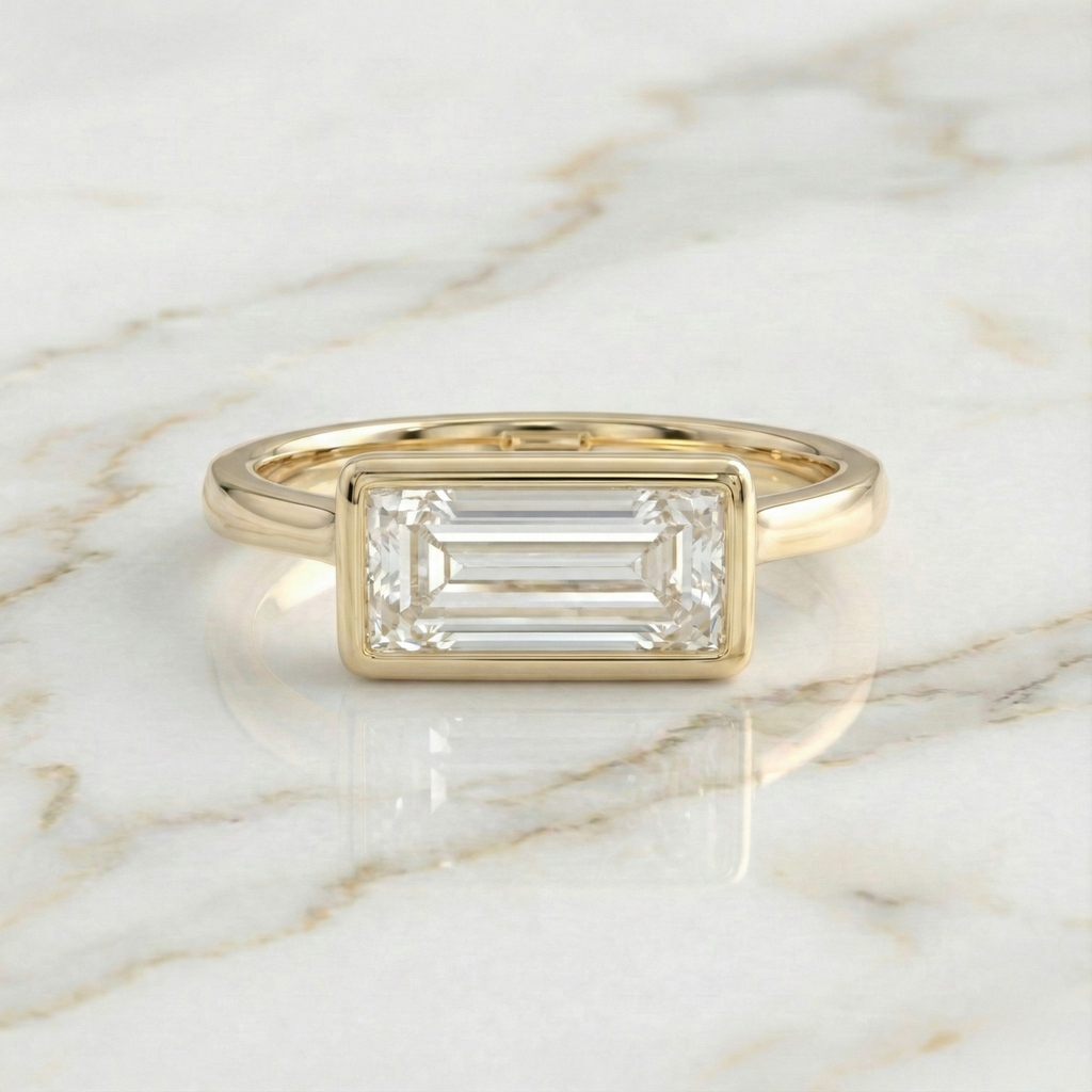 Baguette Cut East West Bezel Set Solitaire Ring | Lab Grown Diamond | 14K Yellow Gold