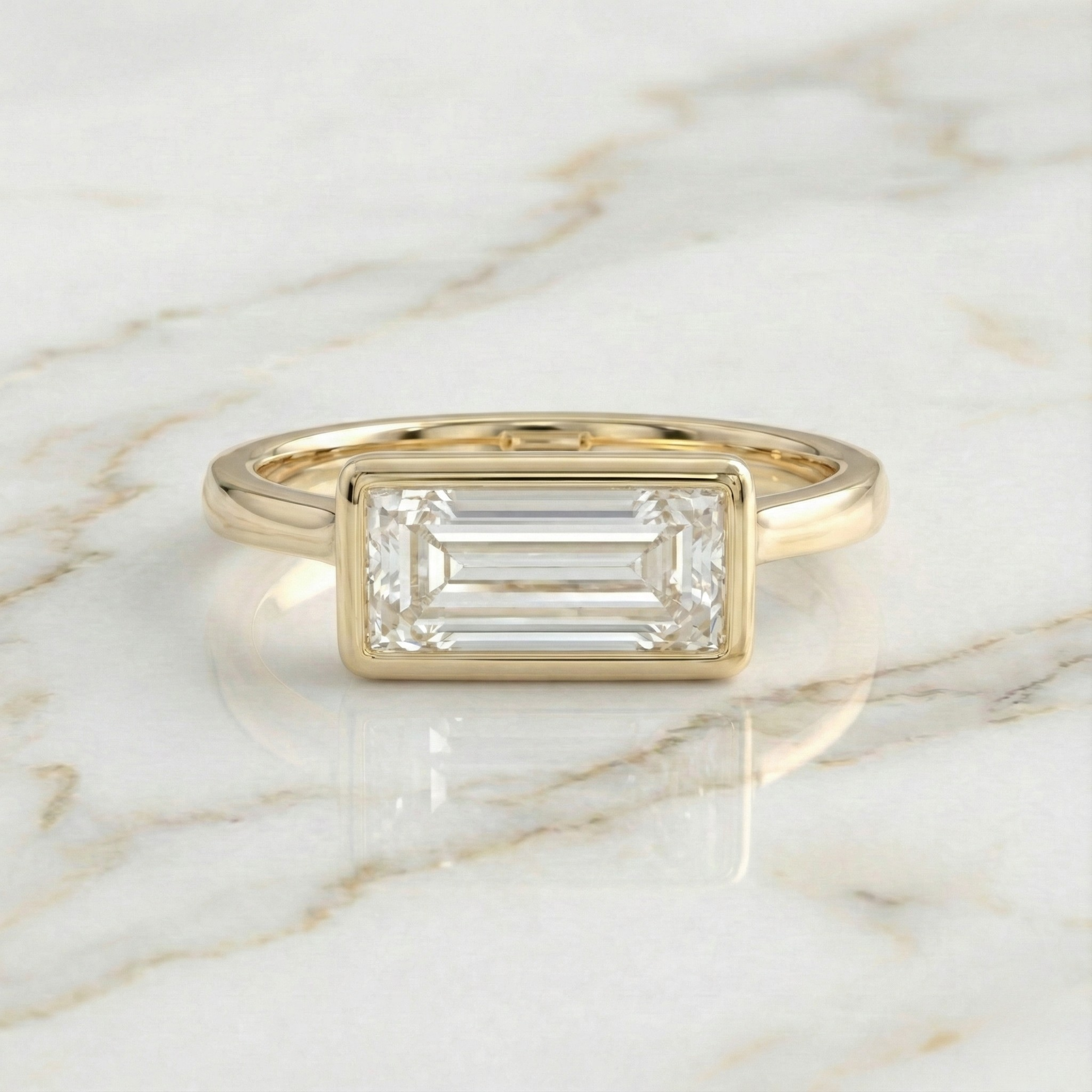 Baguette Cut East West Bezel Set Solitaire Ring | Lab Grown Diamond | 14K Yellow Gold