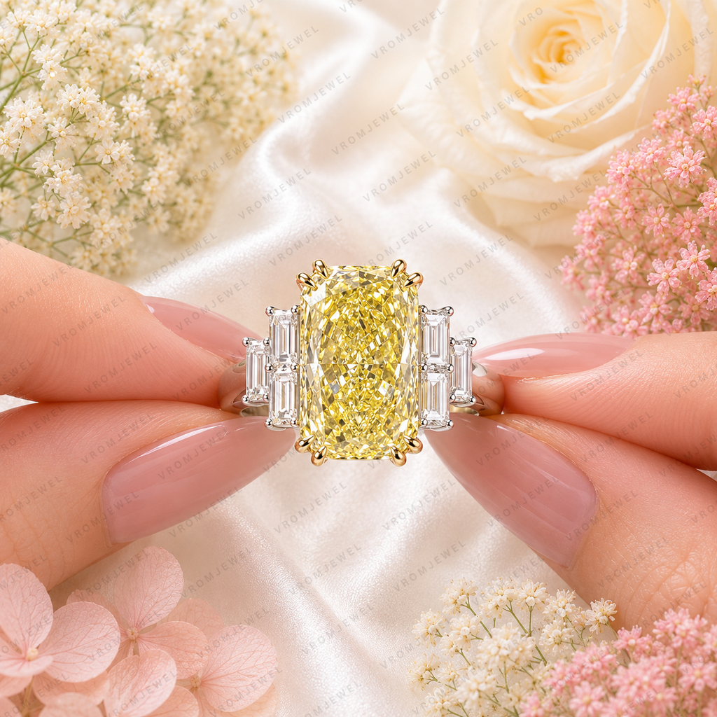 5.00 Carat Yellow Radiant Lab Grown Diamond Ring, Yellow Diamond Engagement Ring, Baguette Diamond Accents, Statement Ring, 10K 14K 18K Gold