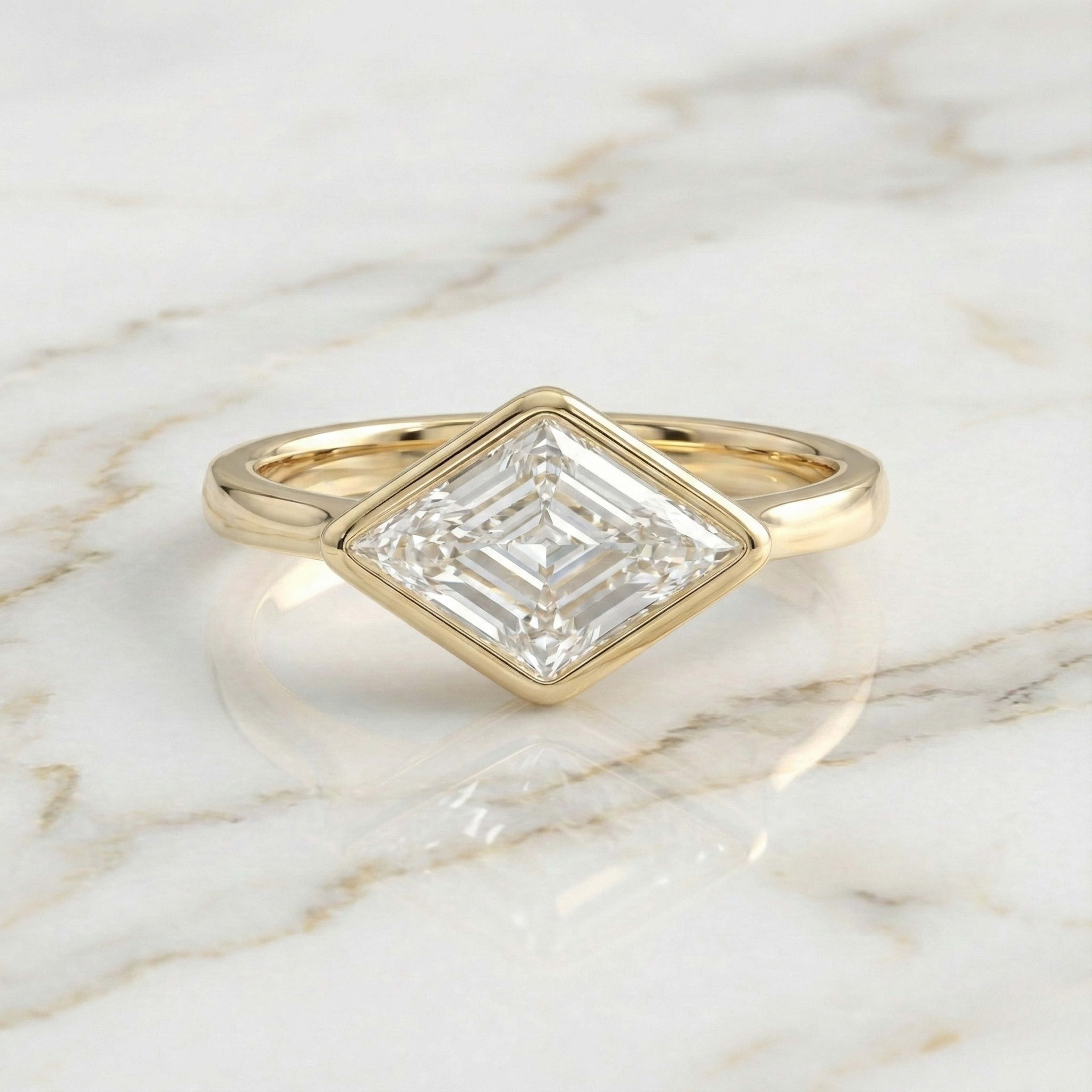 East West Lozenge Cut Bezel Set Solitaire Ring | Lab Grown Diamond | 14K Yellow Gold